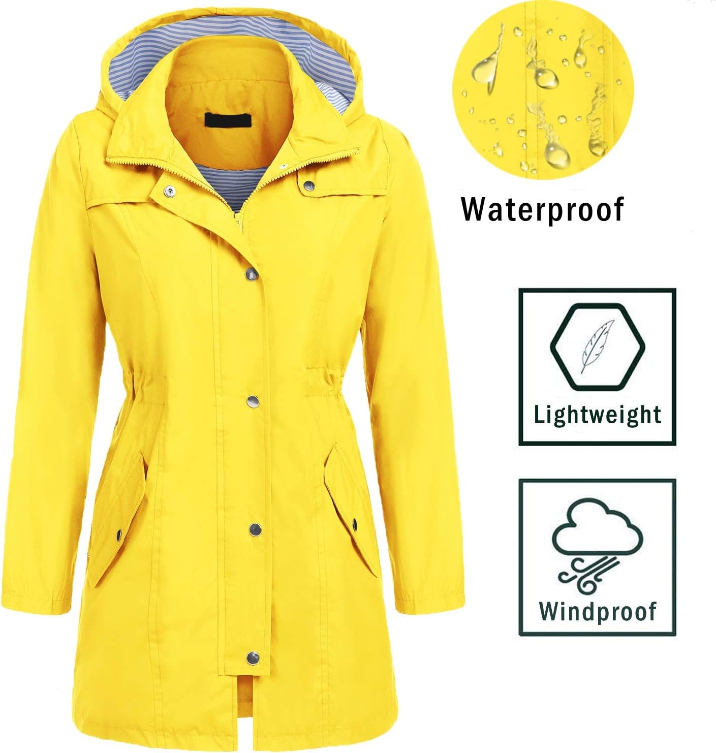 Raincoat Waterproof Lightweight Rain Jacket Active Outdoor Hooded Windbreaker for Women (Yellow, S)