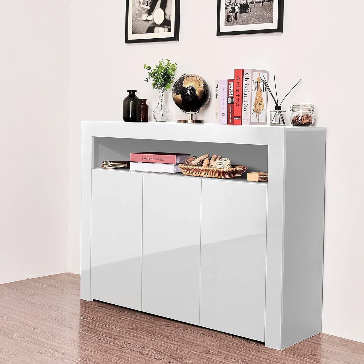 Modern High Gloss Sideboard Buffet Storage Cabinet with Led Lights, 1 Open Shelf and 3 Doors, Cupboard for Kitchen, Dining Room and Living Room, White (004W)