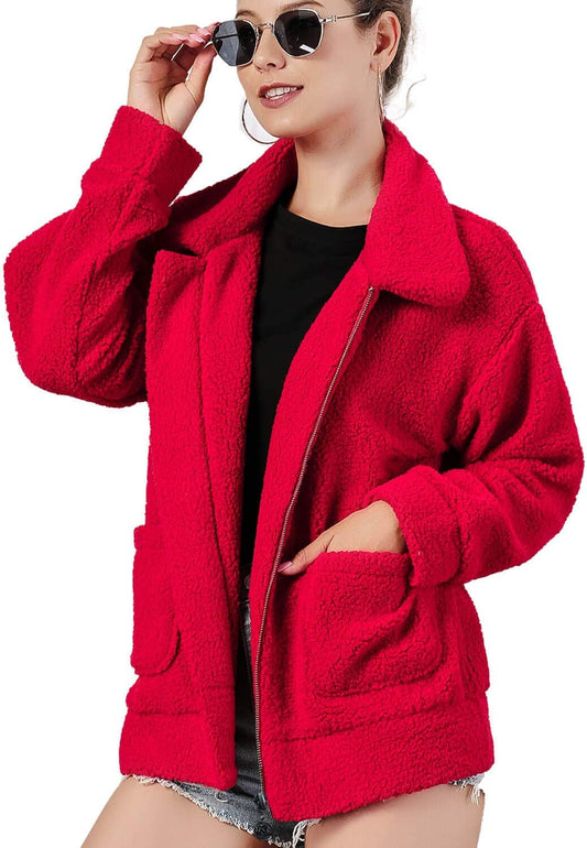 Women'S Sherpa Jackets Fully Lined Fleece Jackets Fluffy Warm Coat Small Bright Red