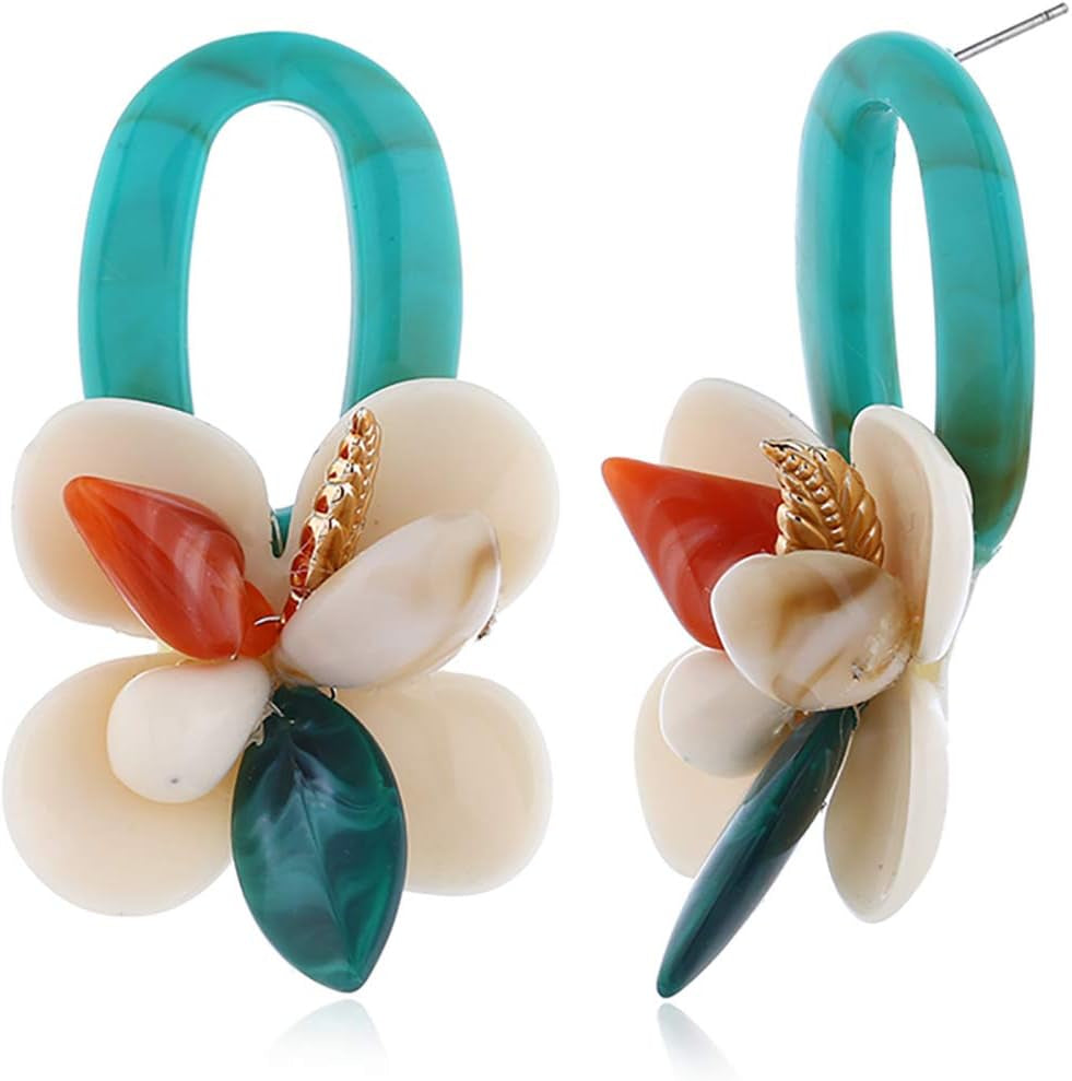 Acrylic Flower Earrings for Women - Big Flower Earrings with Resin - Shell Statement Earrings for Moms, Beloved, Sister or Self (Sea Blue)