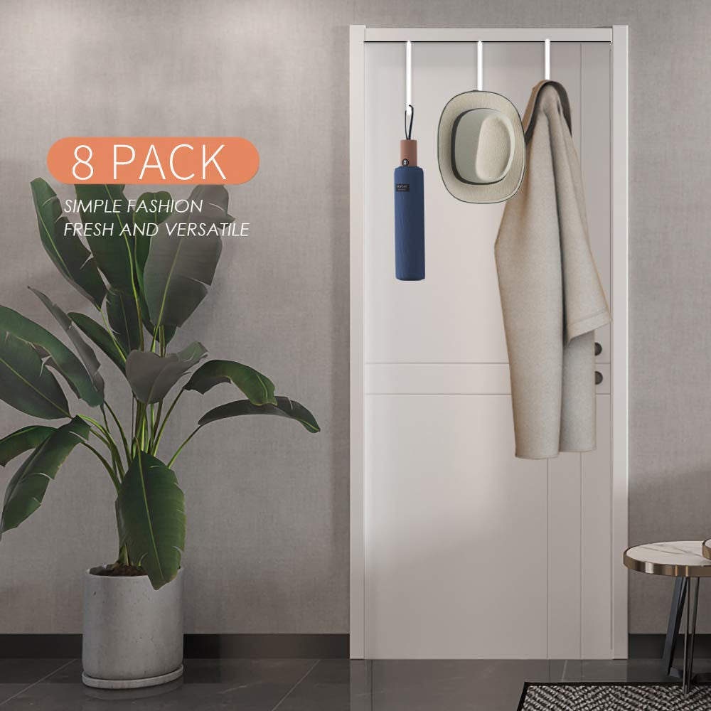 8 Pack over the Door Hooks, Z-Shaped Reinforced Metal Reversible Door Hanger, Fits 1-3/8” and 1-3/4”, Hold up to 35Lbs, for Hanging Clothes, Towels, Coats (White, 2 Lengths)