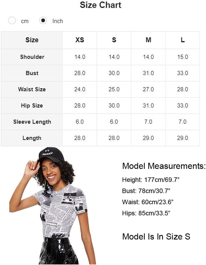 Women'S Newspaper Graphic Short Sleeve Letter Skinny Leotard Bodysuit Black and White M