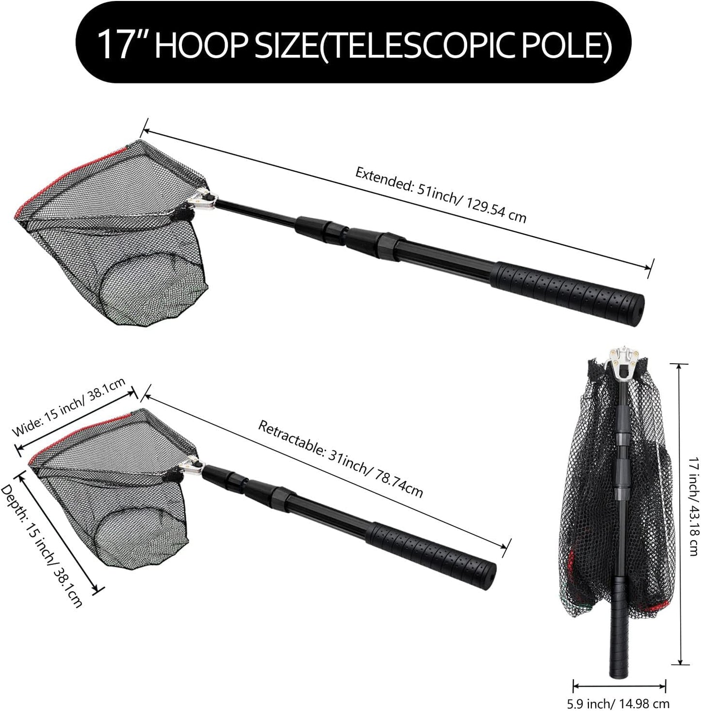 Fishing Net Fish Landing Net Collapsible Fish Net with Anti-Slip Telescoping Rubber Pole Handle for Kids Adults in Saltwater Freshwater Multi-Size Extending to 37/42/43/51/69/71/89/98Inch