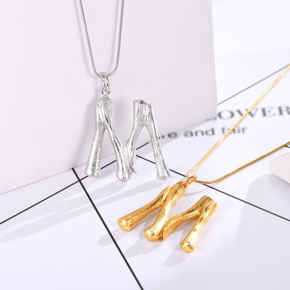 Statement Bamboo Necklace, 18K Gold Plated Initial Name Pendant Necklace for Women - Big Bamboo Letter Charm Necklace(With Gift Box)