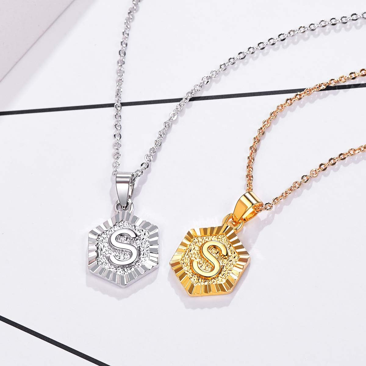 Initial Necklaces for Women Yellow Gold/Platinum Plated Hexagon Letter Pendant Necklace 18 Inch