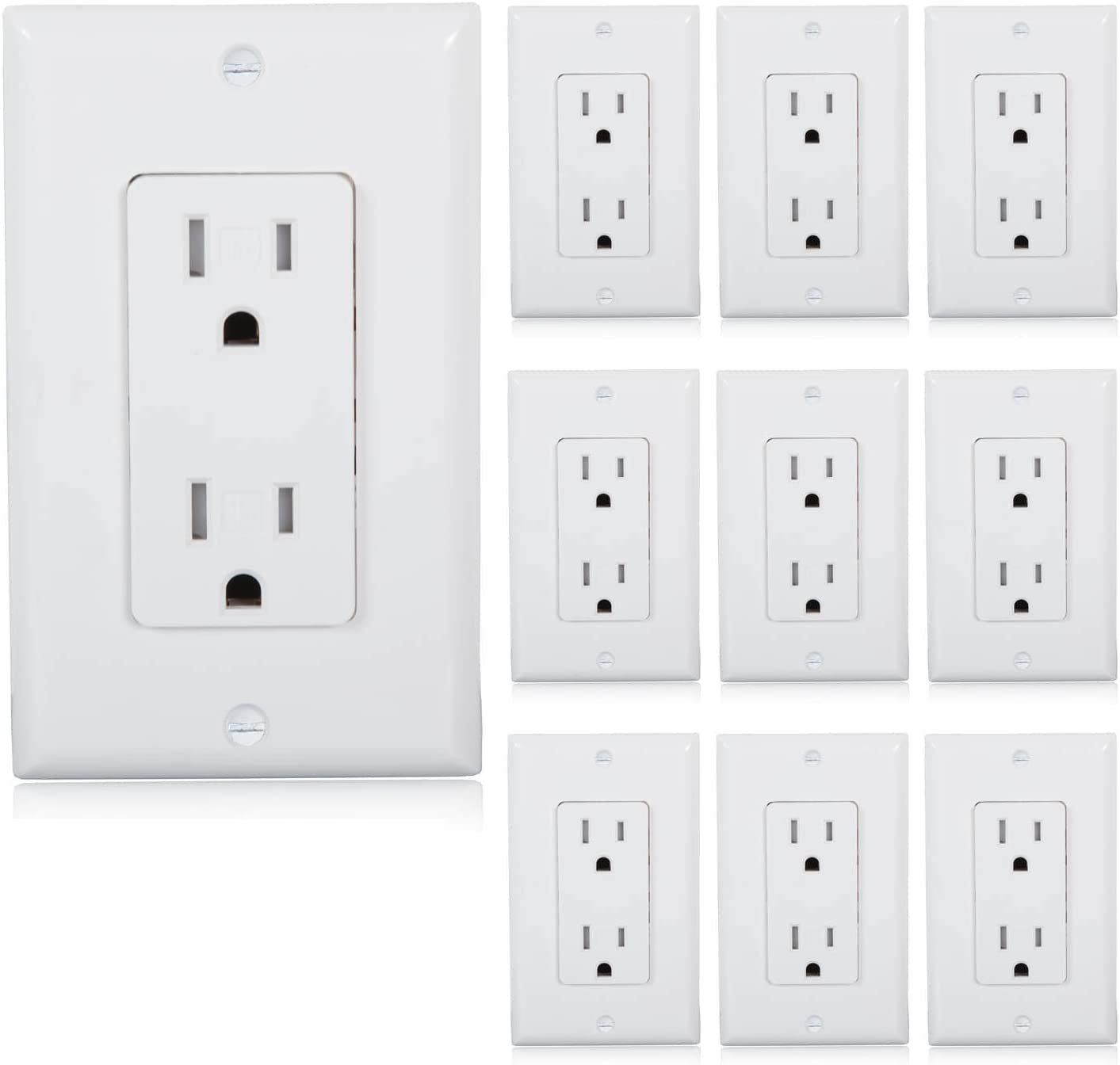 Tamper Resistant Duplex Receptacle - Standard Decorative Electrical Wall Outlet 15A, Contractor Pack, Wall Plates Included - White - 10 Pack