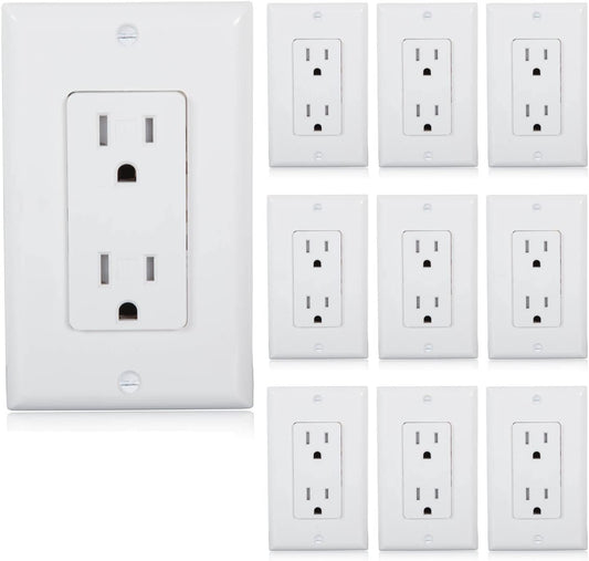 Tamper Resistant Duplex Receptacle - Standard Decorative Electrical Wall Outlet 15A, Contractor Pack, Wall Plates Included - White - 10 Pack