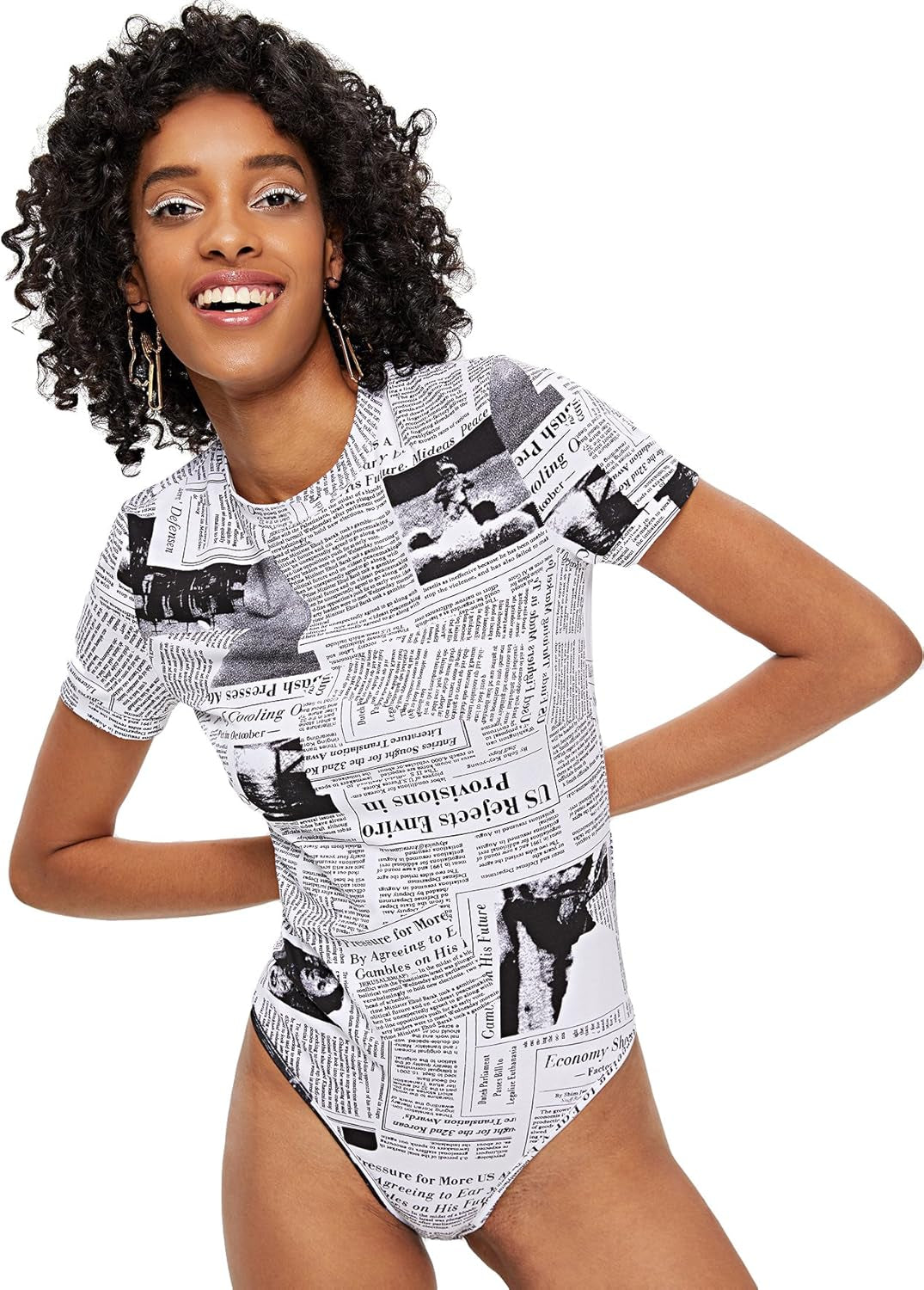 Women'S Newspaper Graphic Short Sleeve Letter Skinny Leotard Bodysuit Black and White M