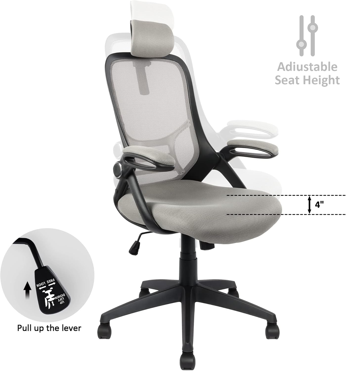 Office Chair Executive Mesh Computer Desk Chair Comfortable with Headrest, Flip-Up Arms, Adjustable Height, Black & Grey