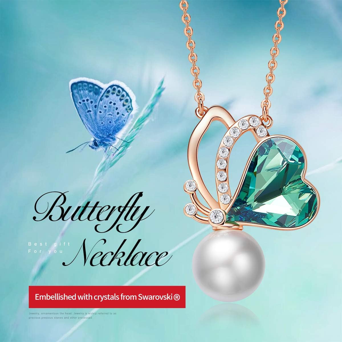 Rose Gold Women Necklace Pink/Green Heart Pendant Embellished with Crystals Jewelry for Women