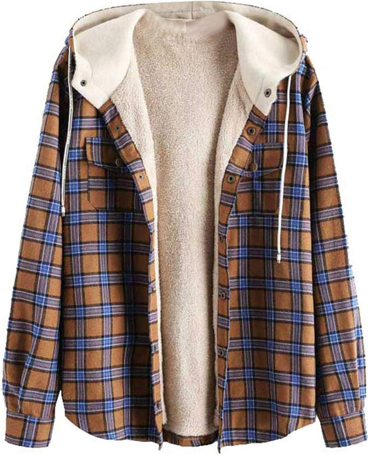 Men'S Casual Plaid Fleece Jacket Unisex Men Drawstring Hooded Coat Fuzzy Hoodie