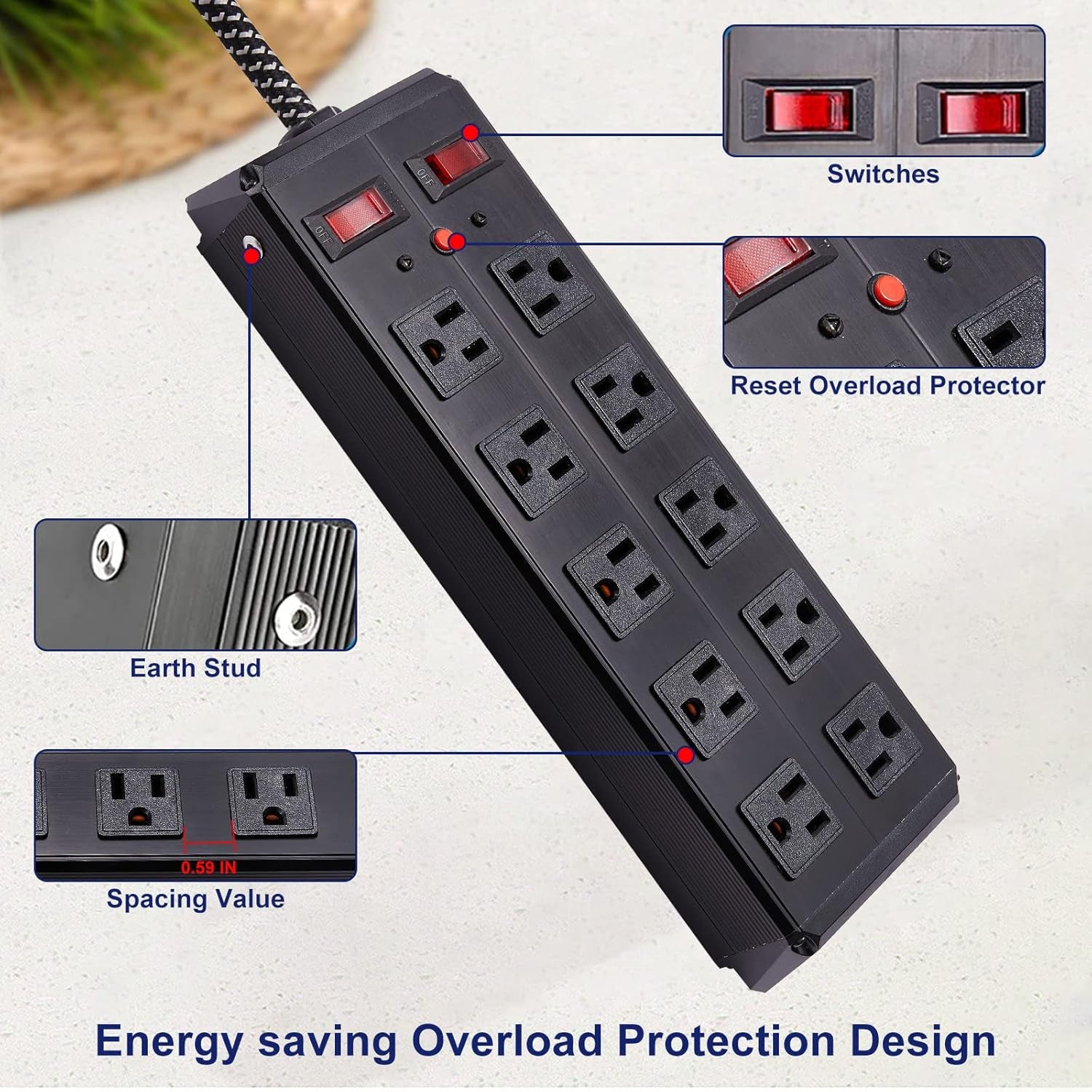 10 Outlets Metal Power Strip Surge Protector with 14 AWG Long Extension Cord,  Heavy Duty Powerstrip Wall Mountable, 2 Overload Protection On/Off Switch, 300J 125V 15A 1875W, 6 FT, Black