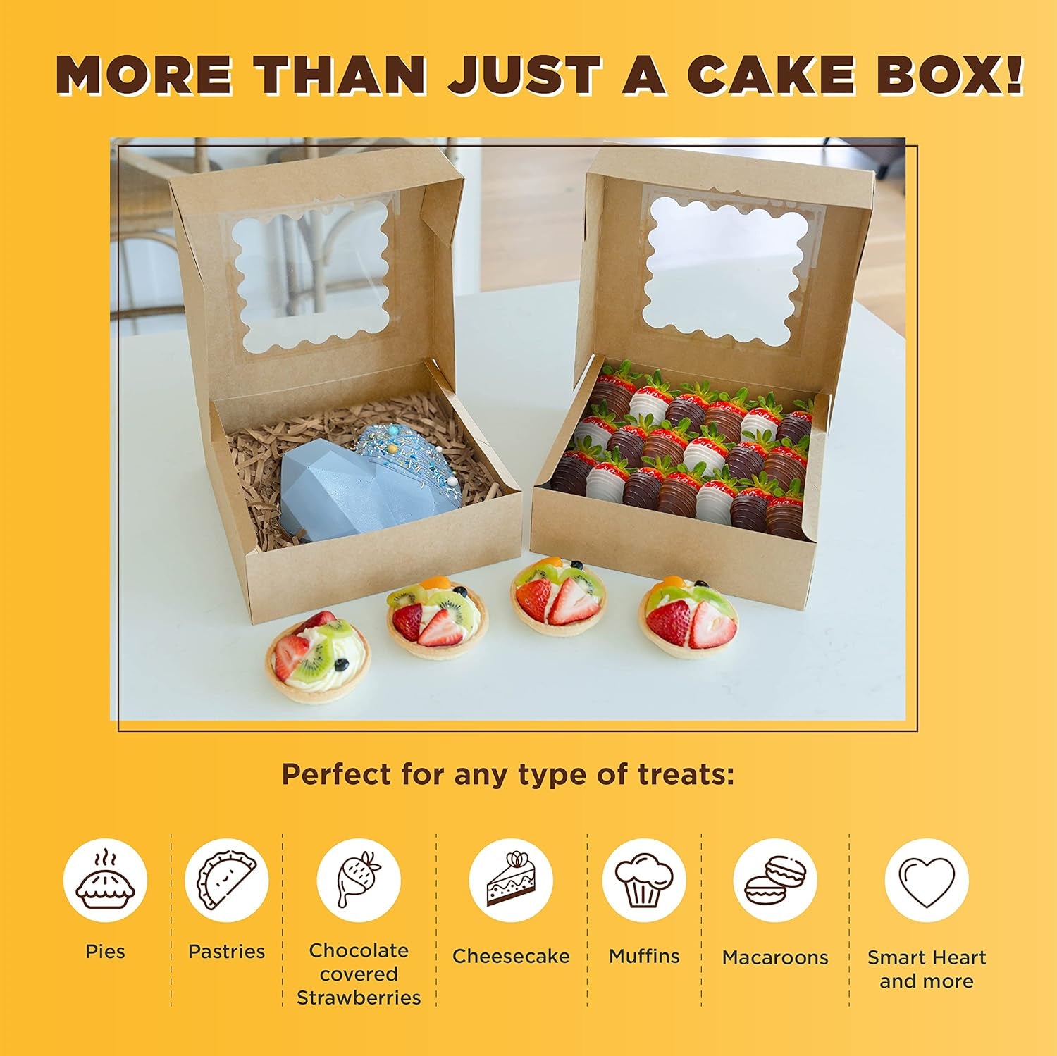 Pie Boxes with Window 10X10 X3 (25 Bakery Boxes, Sticker, Jute Twine, Greeting Cards=100 Items) Cookie Boxes, Pie Carrier with Window, Chocolate Strawberry Boxes, Pastry Box Treat Boxes for Desserts