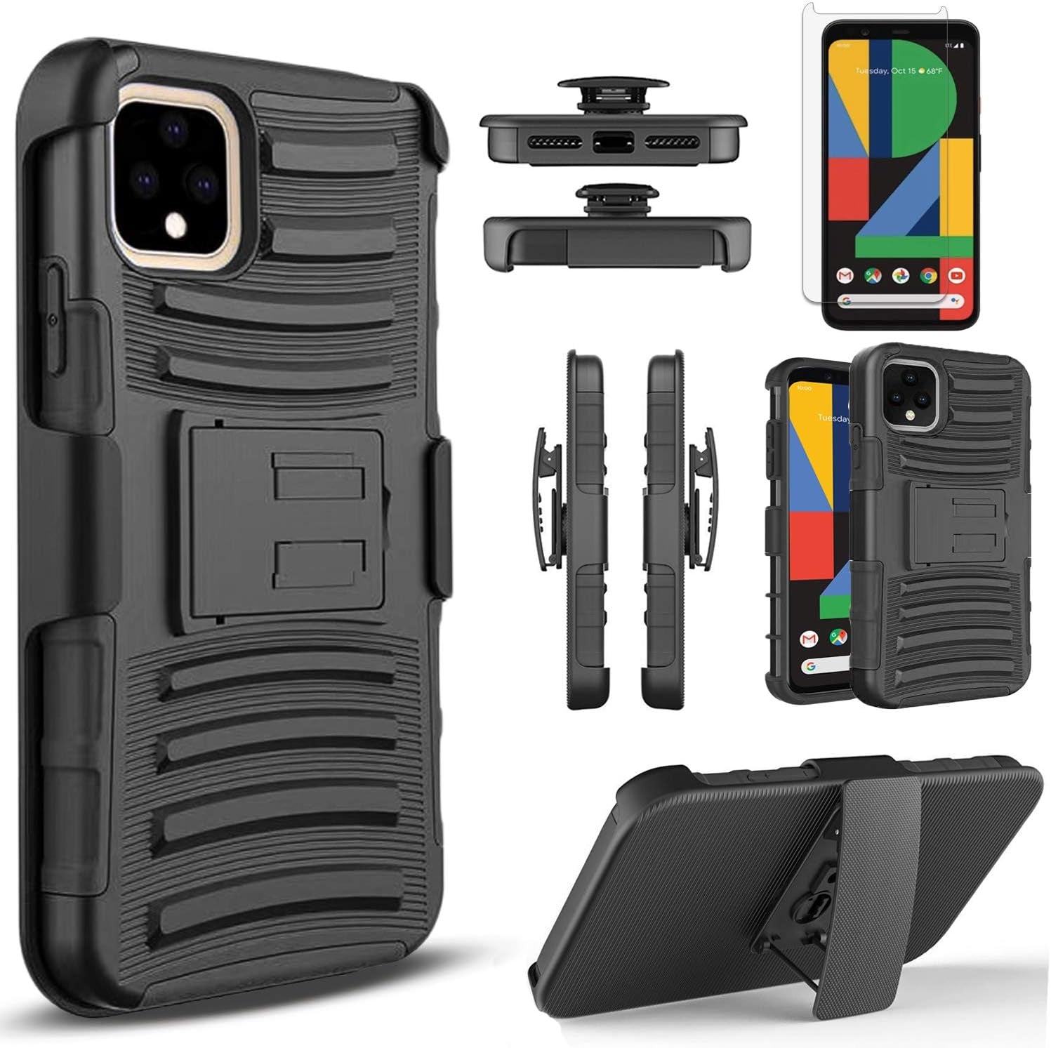 []- Google Pixel 4 Case, [NOT FIT Pixel 4Xl/Pixel 4A ] with [Tempered Glass Screen Protector Included], Combo Holster Belt Clip Built-In Kickstand with Rotatable Belt Clip Cover - Black