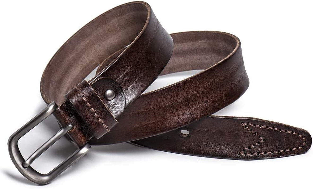 Men'S Casual Genuine Leather Belt,Full Grain Cow Leather Strap Classic Gift Design with Prong Buckle (Dark Brown, Fit Pant Size:34-38)