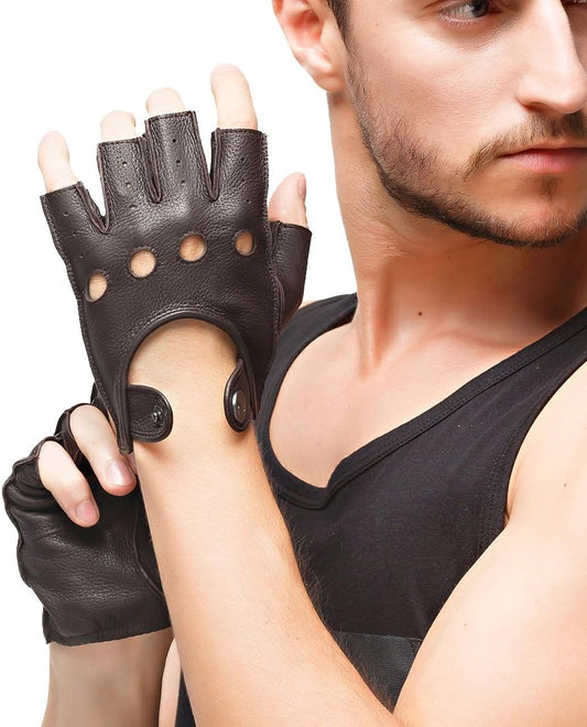 Men'S Deerskin Fingerless Gloves Half Finger Leather Driving Motorcycle Cycling Riding Unlined Gloves