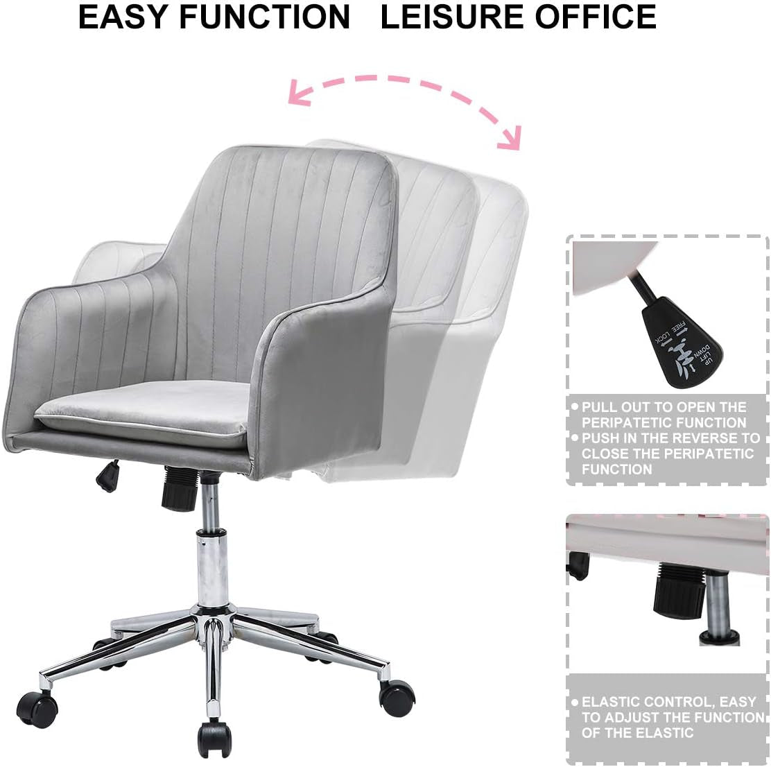 Home Office Chair, Velvet Desk Task Chair Furniture Adjustable Swivel Computer Desk Chair Soft Comfortable Executive Chair for Home Office, Bedroom, Living Room, Grey