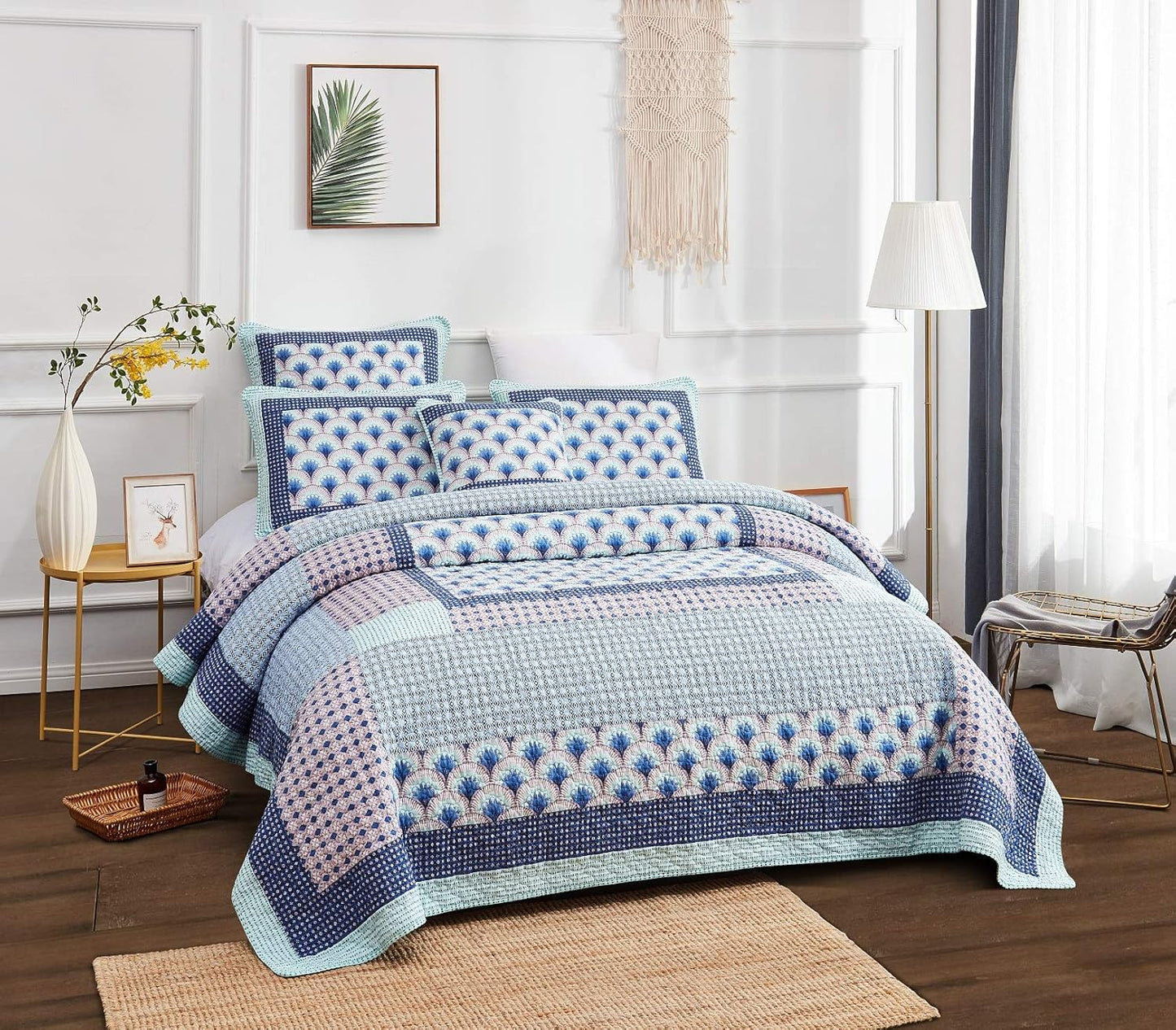 Dada Bedding Mediterranean Minty Blue Cotton Patchwork Bedspread Set - Mid Century Nautical Breezy Ocean Waves Sea Shell - Navy Lavender Bright Colorful Coverlet Bedding - King - 3-Pieces