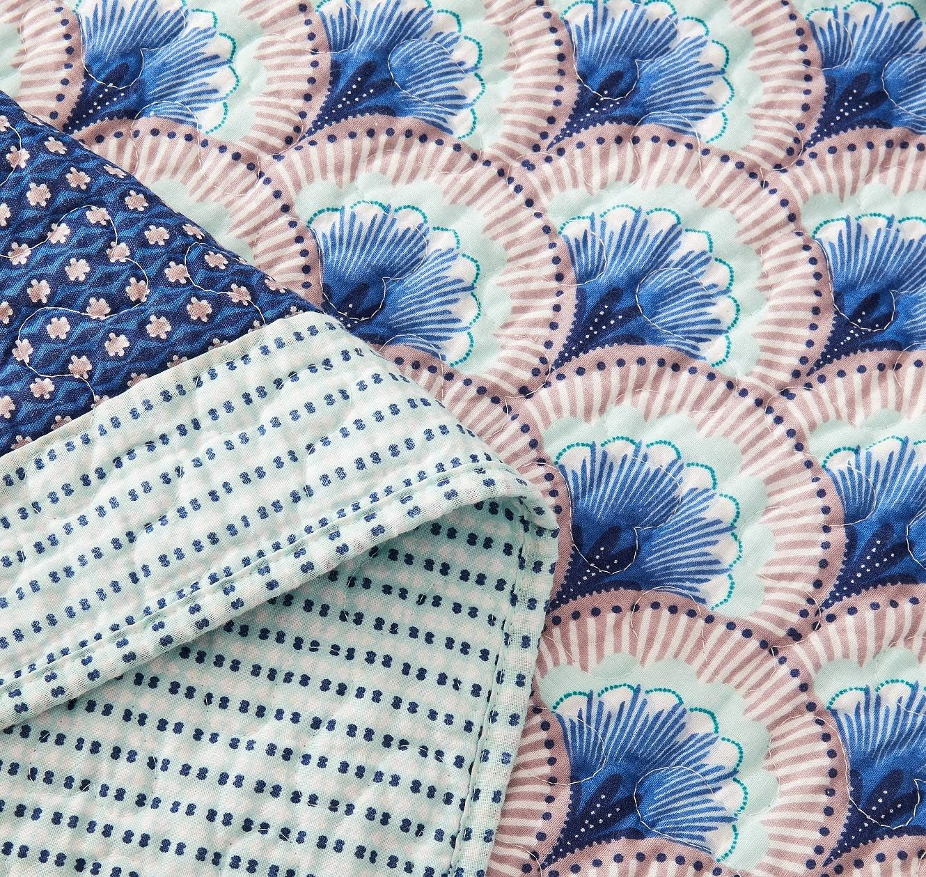 Dada Bedding Mediterranean Minty Blue Cotton Patchwork Bedspread Set - Mid Century Nautical Breezy Ocean Waves Sea Shell - Navy Lavender Bright Colorful Coverlet Bedding - King - 3-Pieces