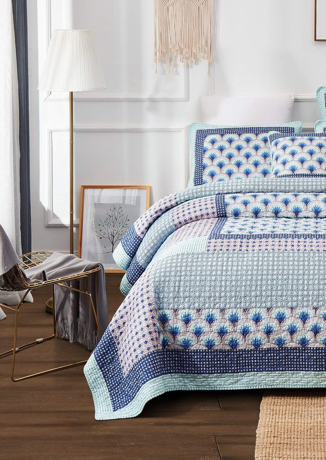 Dada Bedding Mediterranean Minty Blue Cotton Patchwork Bedspread Set - Mid Century Nautical Breezy Ocean Waves Sea Shell - Navy Lavender Bright Colorful Coverlet Bedding - King - 3-Pieces