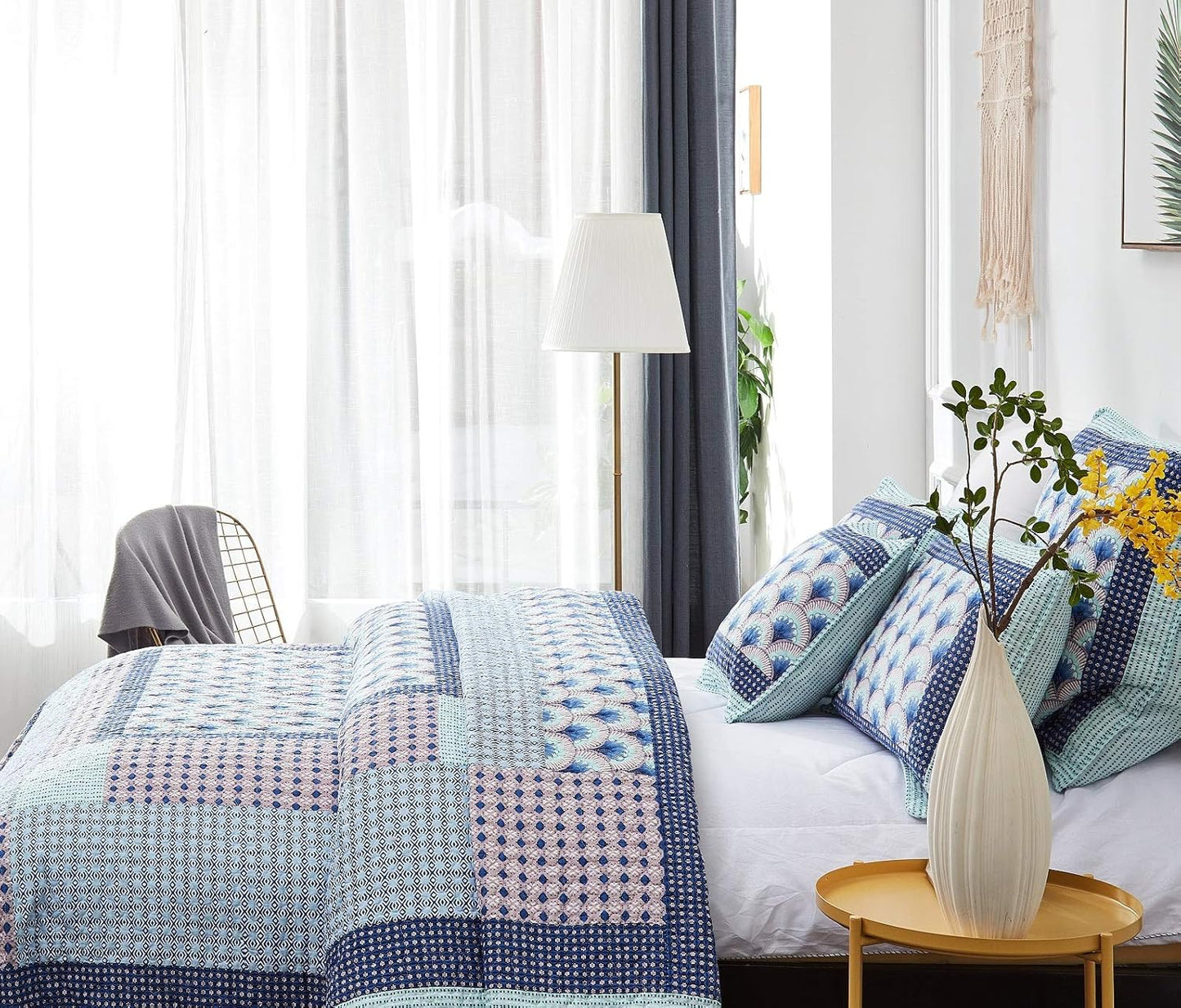 Dada Bedding Mediterranean Minty Blue Cotton Patchwork Bedspread Set - Mid Century Nautical Breezy Ocean Waves Sea Shell - Navy Lavender Bright Colorful Coverlet Bedding - King - 3-Pieces