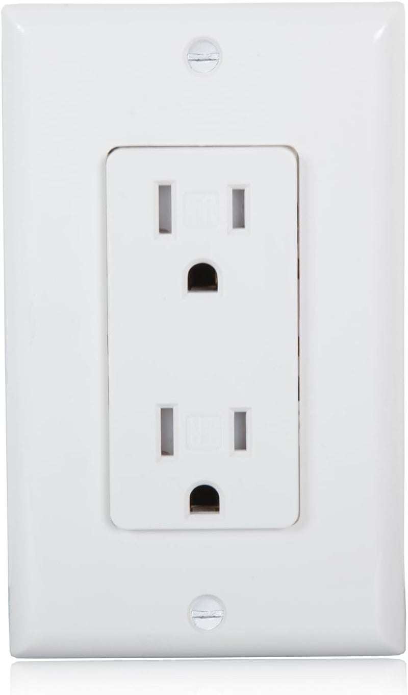 Tamper Resistant Duplex Receptacle - Standard Decorative Electrical Wall Outlet 15A, Contractor Pack, Wall Plates Included - White - 10 Pack