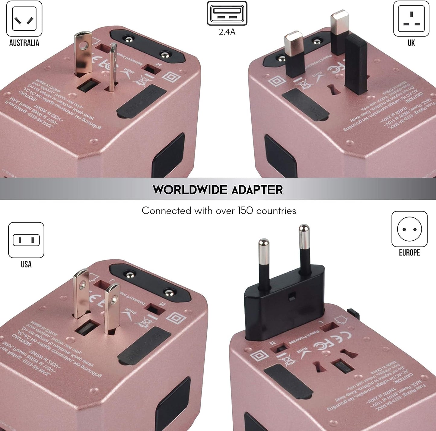 Power Plug Adapter - International Travel (W/5 USB Ports and USB Type C)- Work 150+ Countries - 220 Volt Adapter - Travel Adapter - Type C a G I A/C - UK Japan China Europe