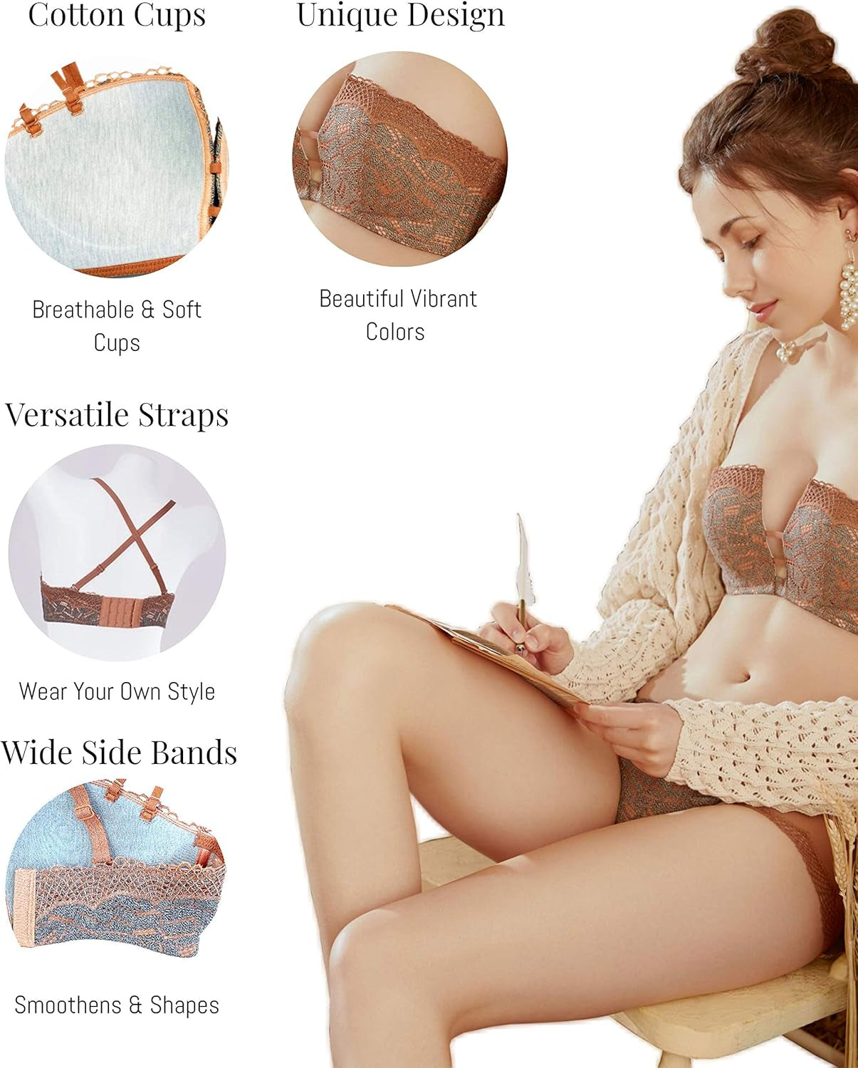 Push up Bras for Women Convertible Bra Straps for B Cups Deep V Square Cut Out Golden Wheat