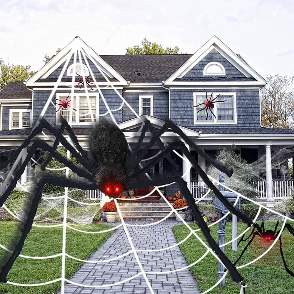 Halloween Decorations, 200" Triangular Huge Spider Web+50” Giant Spider with Spooky Sound+Plastic Fake Spiders, Scary Large Spider Halloween Party Props Decor Indoor Outdoor Home Garden Yard