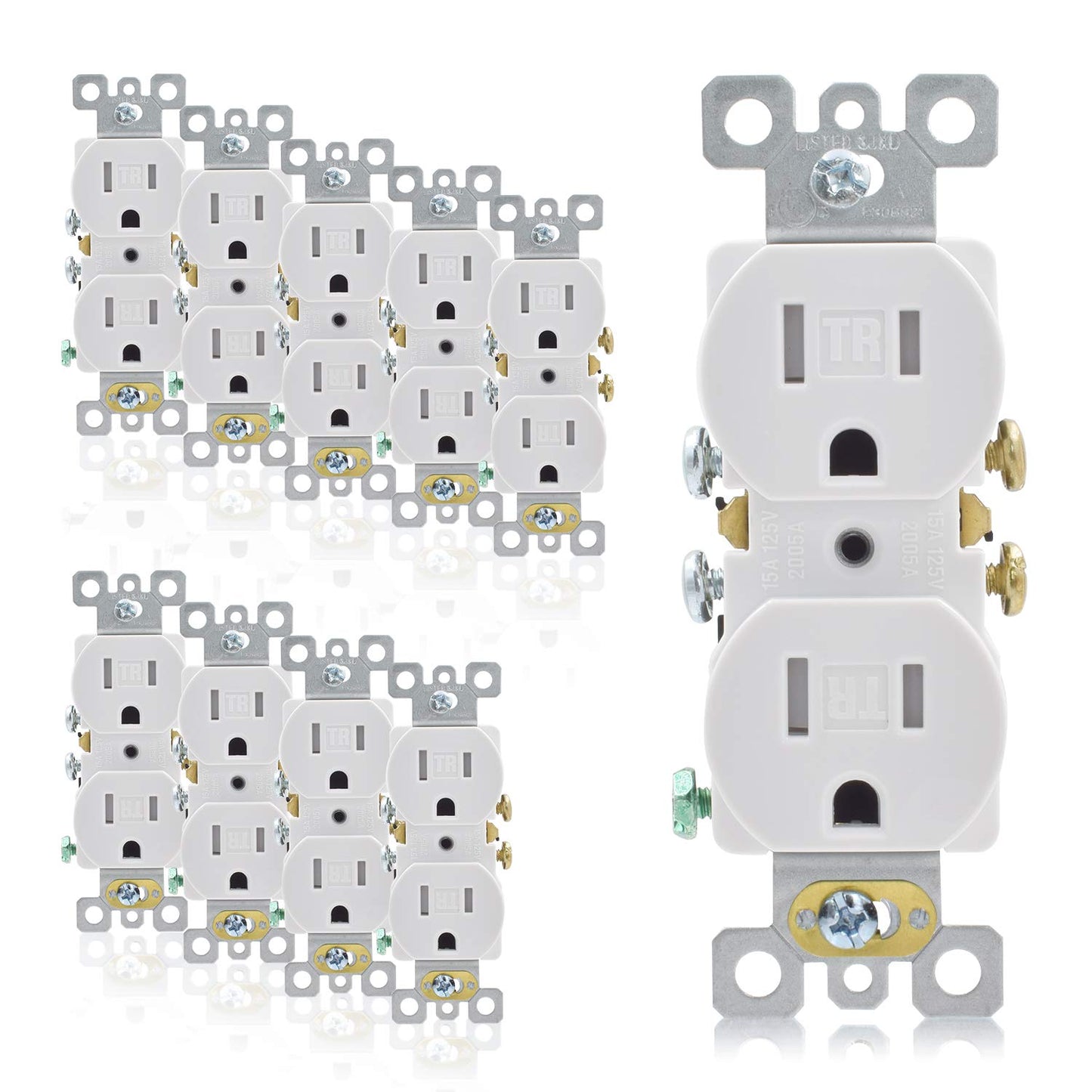 Duplex Receptacle Outlet, TR Outlets, Residential, 3-Wire, Self-Grounding, 15Amp 125V, UL Listed, White(10, White, Push Wire)