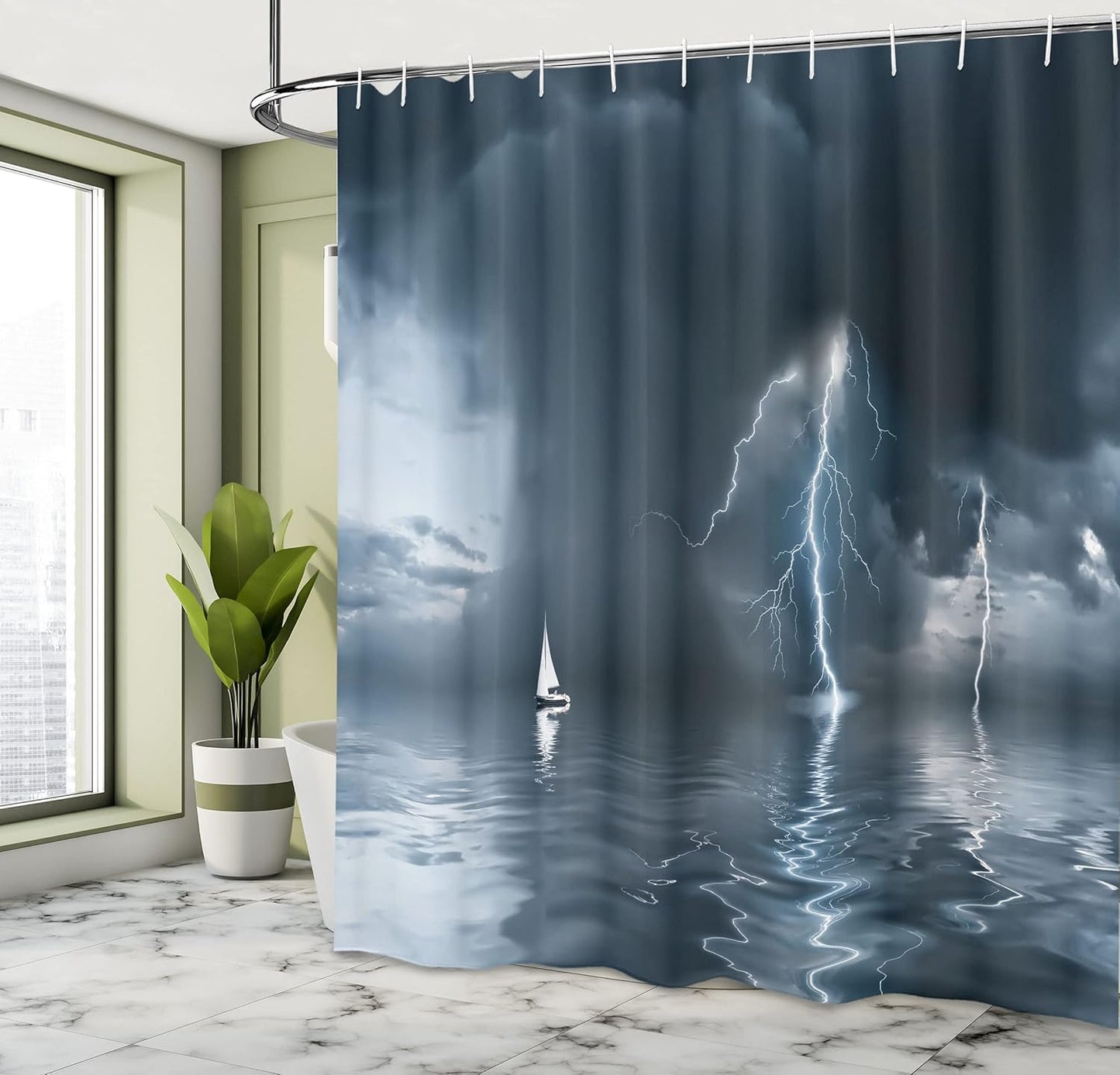 Sailboat Shower Curtain, Yacht at the Ocean Comes Nearer a Thunderstorm Rain and Bolt Art Print, Cloth Fabric Bathroom Decor Set with Hooks, 69" W X 70" L, Blue Grey