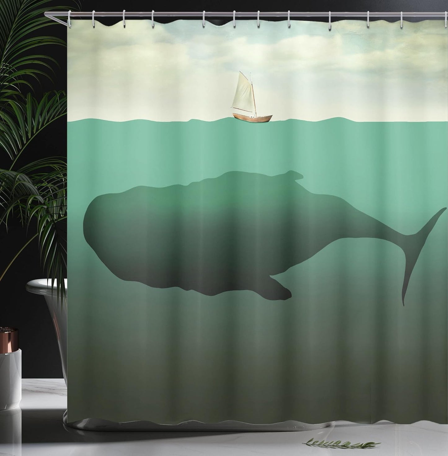 Fantasy Shower Curtain, Surreal Giant Whale in the Middle of Sea and Little Sailboat on the Surface Print, Cloth Fabric Bathroom Decor Set with Hooks, 69" W X 70" L, Green Beige