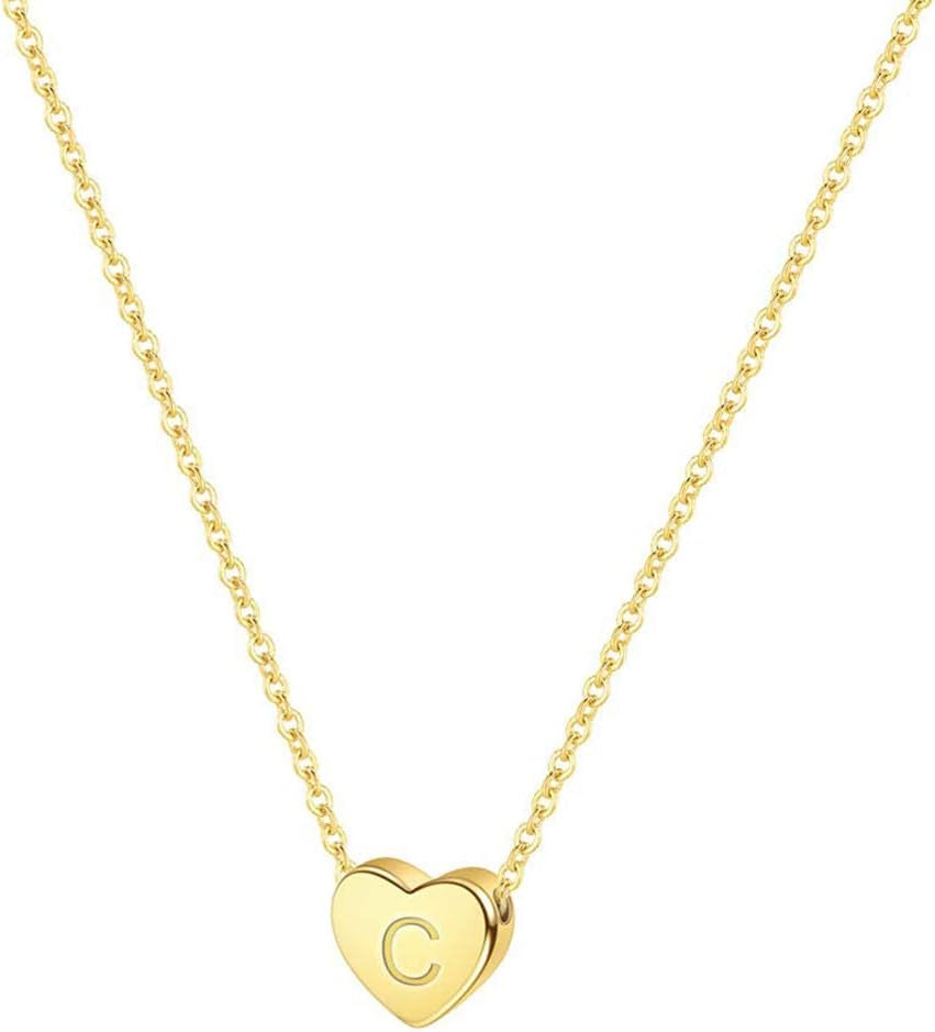 18K Gold Plated Initial Heart Necklace Stainless Steel Name Necklace Personalized Tiny Heart Pendant Letter C Necklace for Women