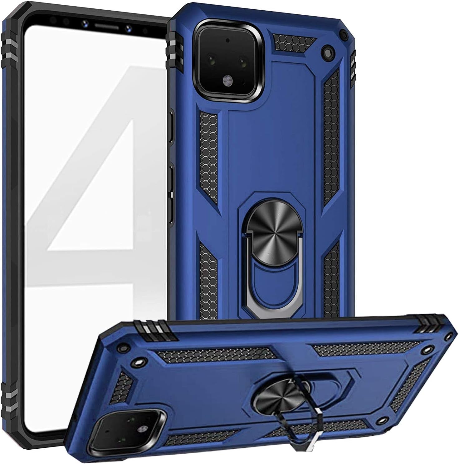 Case Compatible for Google Pixel 4 Case, Dual Layer Shockproof Protective Phone Case with Rotation Ring Kickstand for Google Pixel 4 Navy Blue