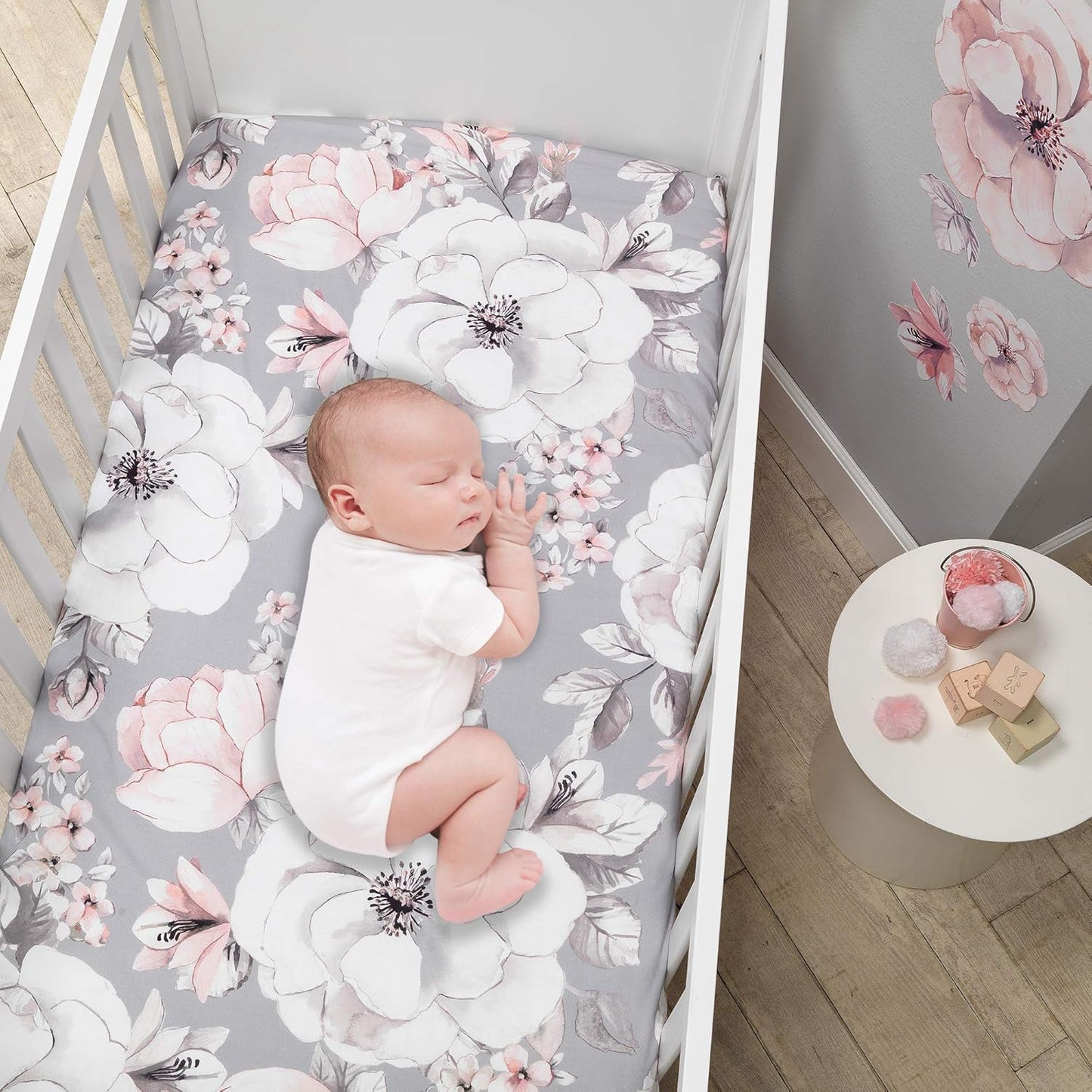 Signature Botanical Baby Watercolor Floral Cotton Crib Sheet - Gray