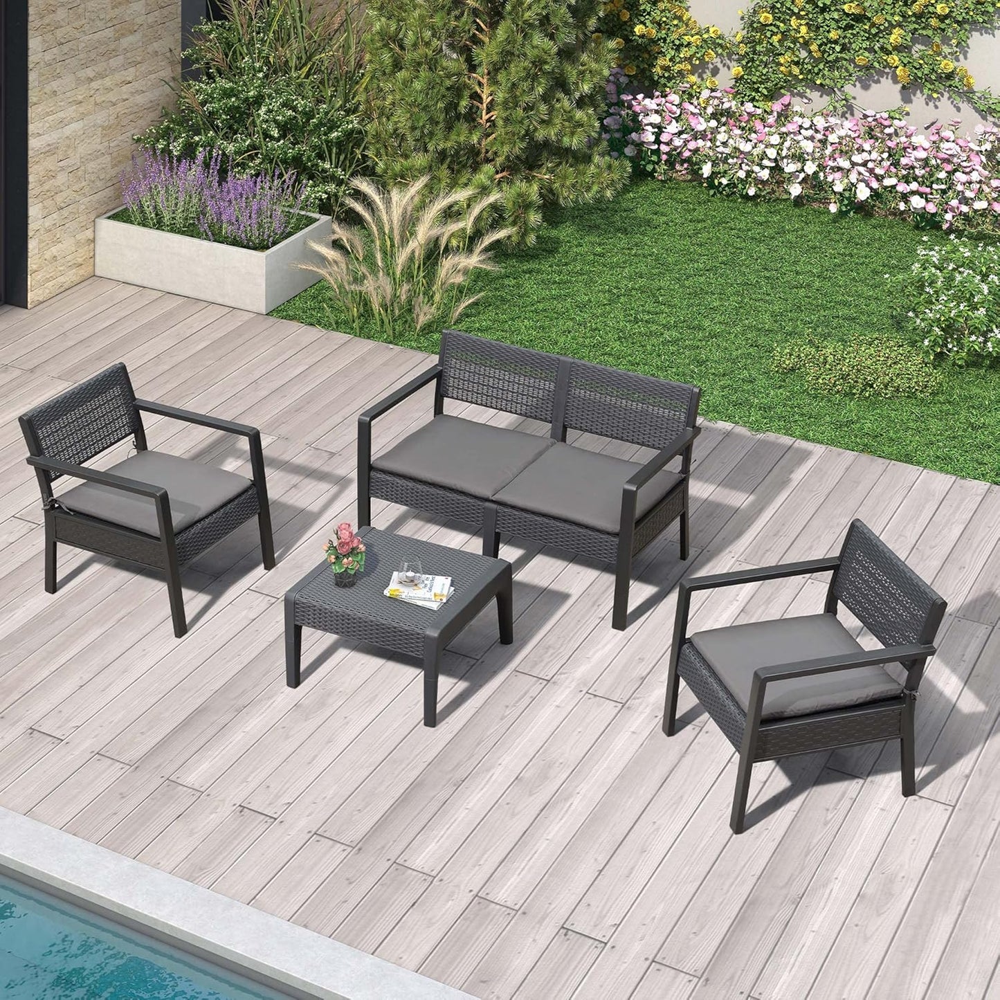 Patio Conversation Set for Deck Porch 4 Pcs Outdoor Furniture Sofa