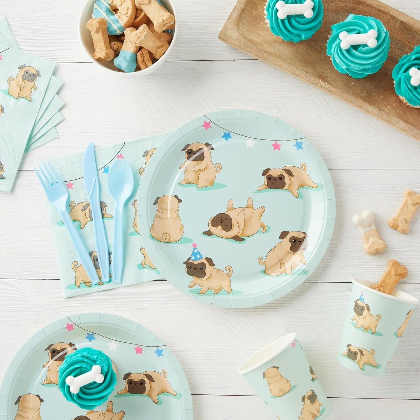 144 Piece Pug Party Supplies, Dog Birthday Decorations with Paper Plates, Napkins, Cups, and Cutlery (Serves 24)