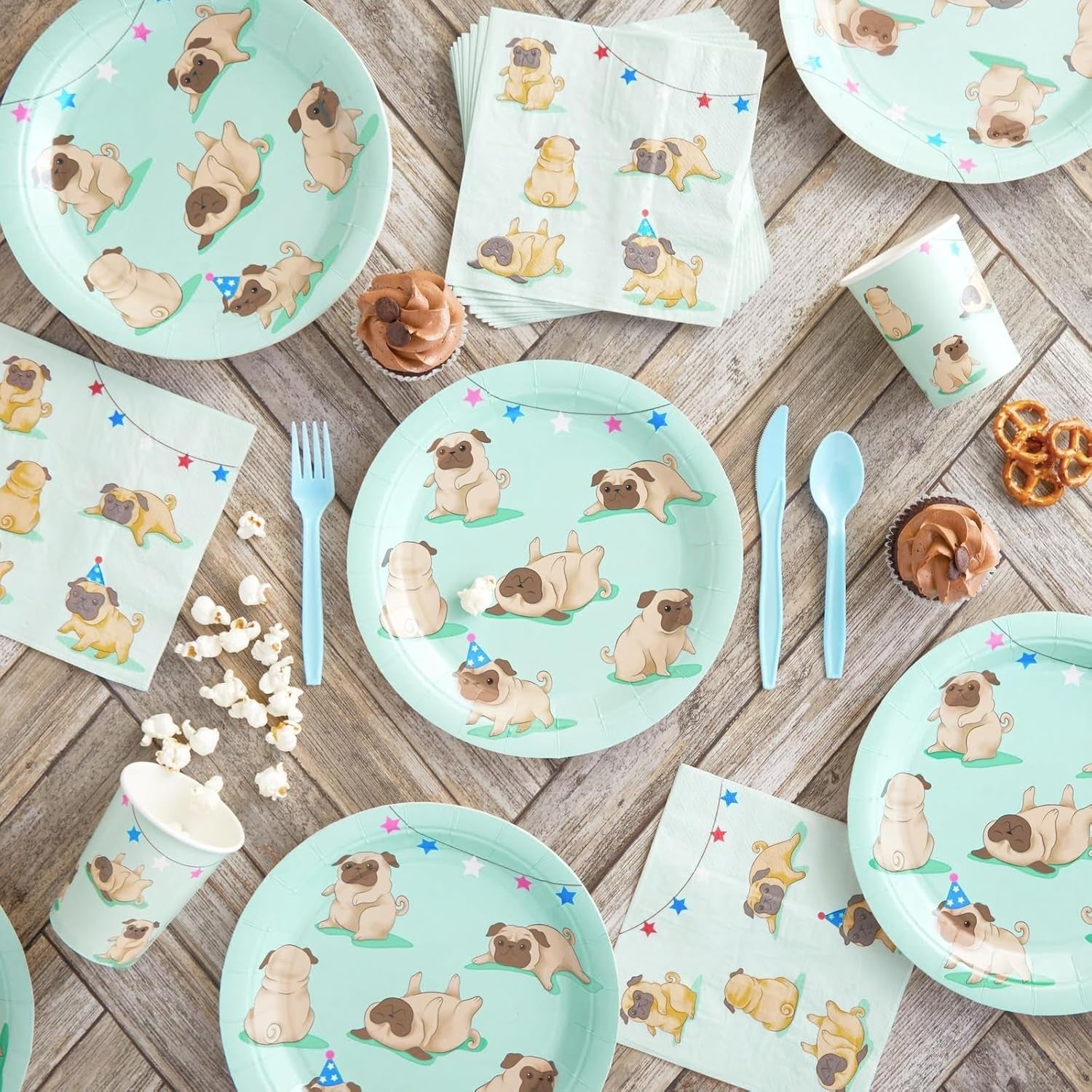 144 Piece Pug Party Supplies, Dog Birthday Decorations with Paper Plates, Napkins, Cups, and Cutlery (Serves 24)