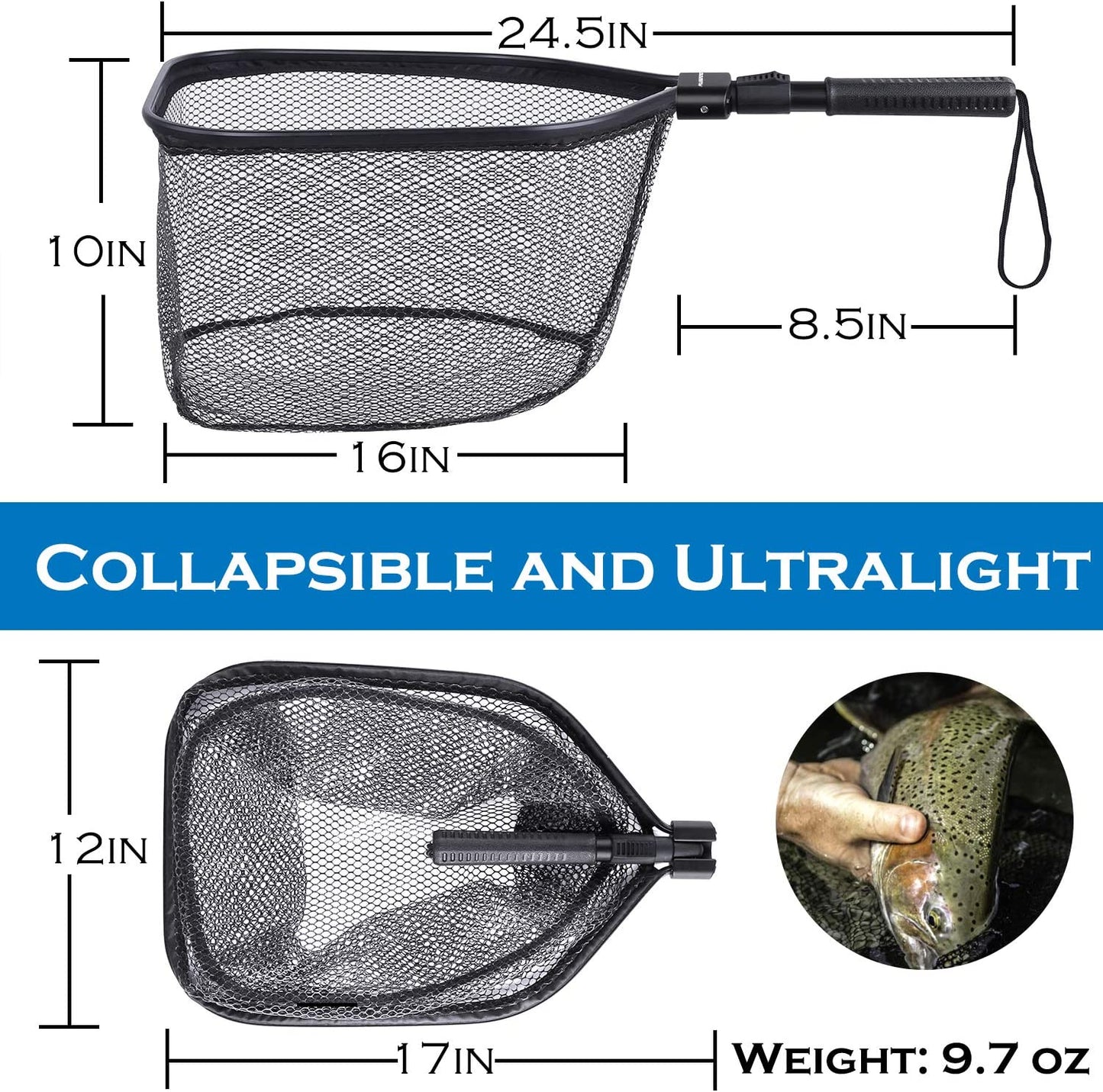 Fly Fishing Net, Bass Trout Landing Net, Folding Fishing Nets Fresh Water, Safe Fish Catching or Releasing