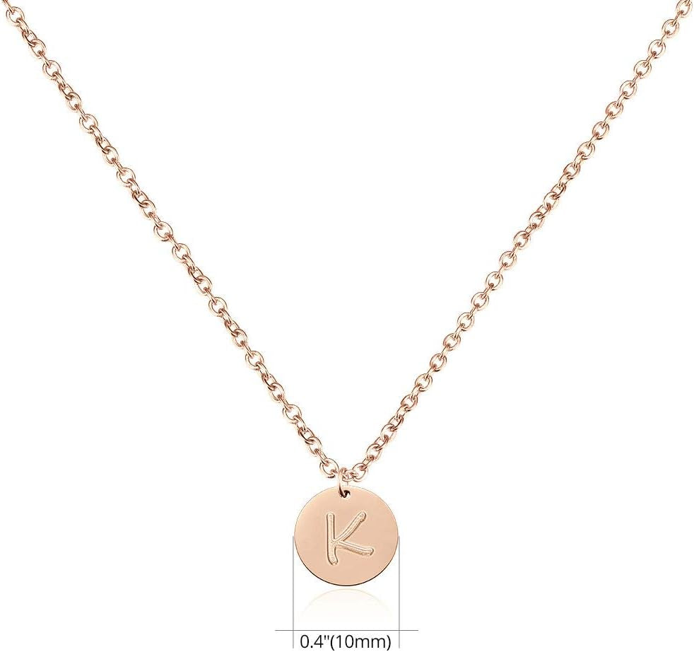 Stainless Steel Initial Necklaces Rose Gold Silver Tone Alphabet 12Mm / 0.47 Inches Tiny Disc Pendant Initial Necklace for Women Girls