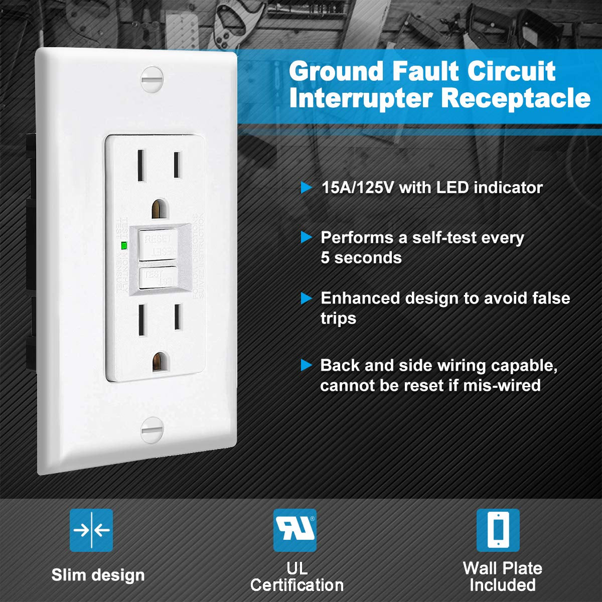 (6 Pack) 15 Amp Slim GFCI Receptacle Outlet, Self Test GFI with LED Indicator, UL Listed