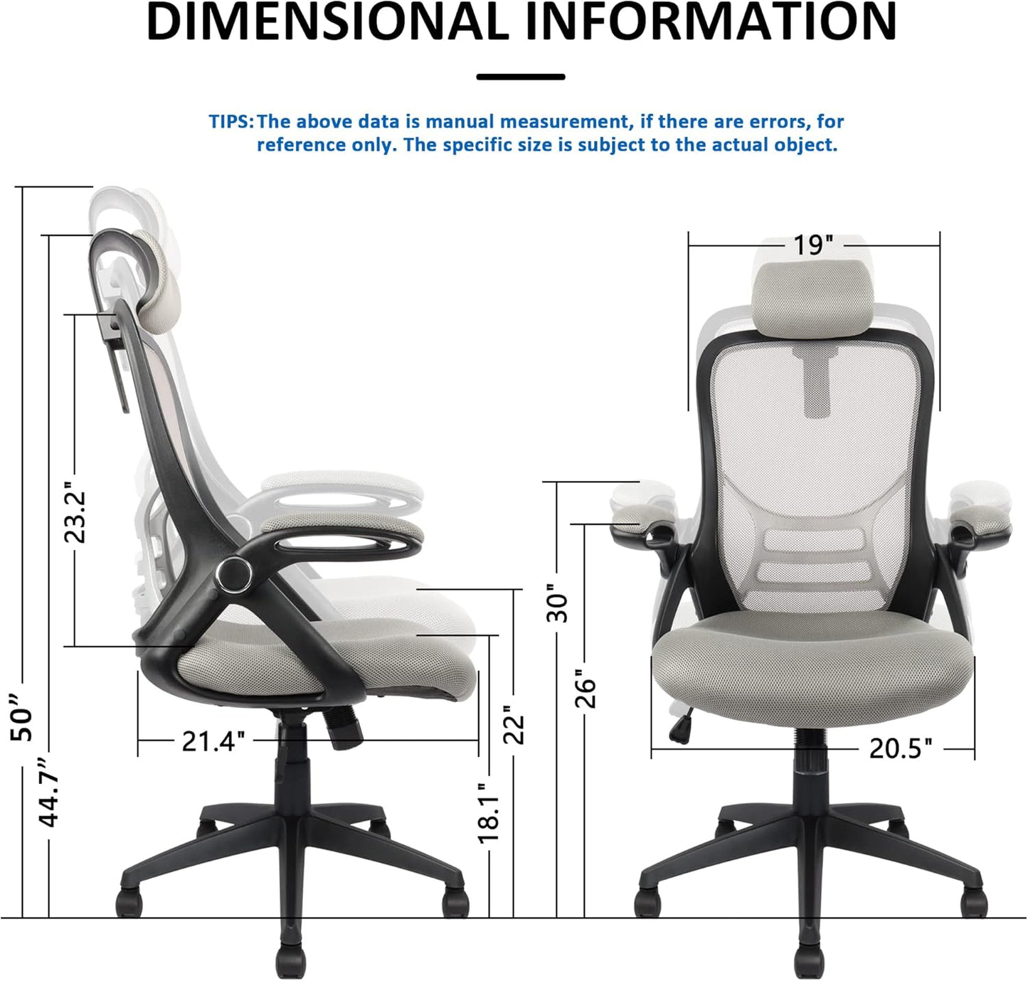 Office Chair Executive Mesh Computer Desk Chair Comfortable with Headrest, Flip-Up Arms, Adjustable Height, Black & Grey