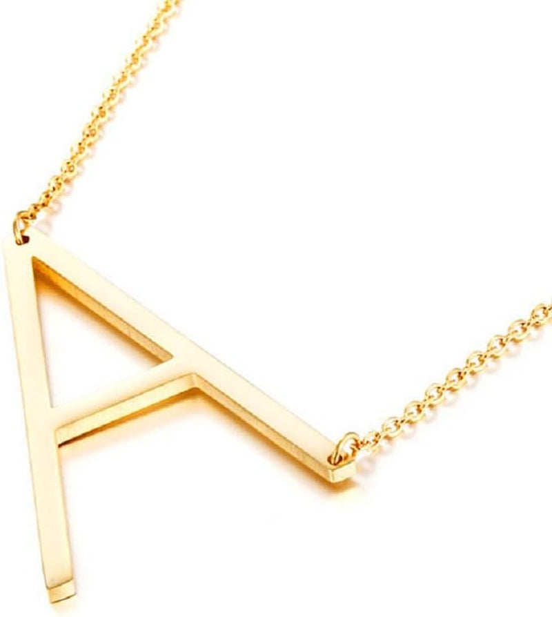 18K Gold Plated Sideways Initial Charm Necklace (Yellow Gold A)