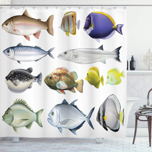 Fish Shower Curtain, Colorful Design Types of Pacific Swimming Animal Mackerel Salmon and Sea Bass Exotic Wild Life Theme, Cloth Fabric Bathroom Set with Hooks, 69" W X 70" L, Blue Purple