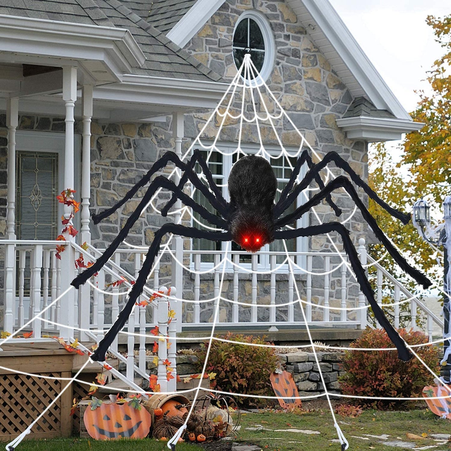 Halloween Decorations, 200" Triangular Huge Spider Web+50” Giant Spider with Spooky Sound+Plastic Fake Spiders, Scary Large Spider Halloween Party Props Decor Indoor Outdoor Home Garden Yard