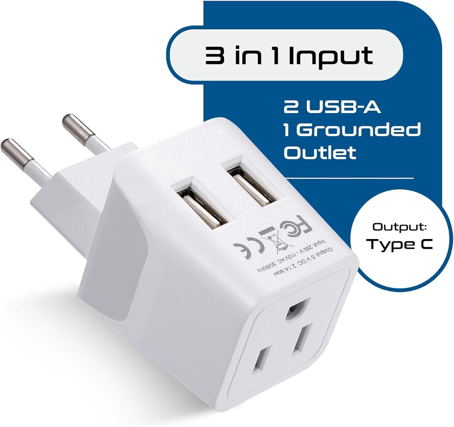 European, Egypt Travel Adapter Plug with Dual USB - Type C - Europe - Usa Input - Light Weight - Perfect for Cell Phones, Chargers, Cameras and More - 2 Pack