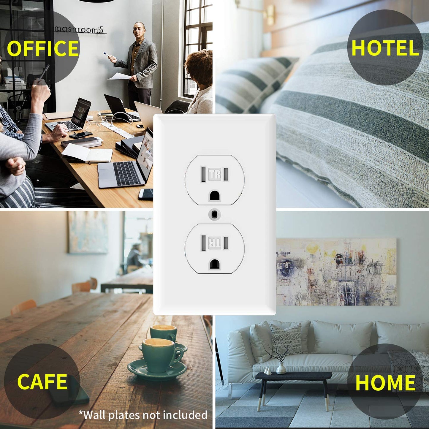 Duplex Receptacle Outlet, TR Outlets, Residential, 3-Wire, Self-Grounding, 15Amp 125V, UL Listed, White(10, White, Push Wire)