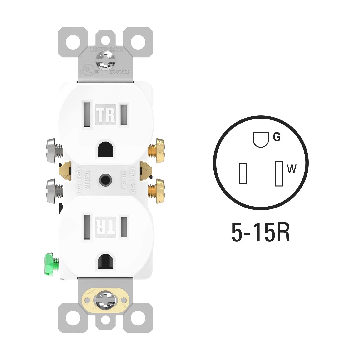 Duplex Receptacle Outlet, TR Outlets, Residential, 3-Wire, Self-Grounding, 15Amp 125V, UL Listed, White(10, White, Push Wire)