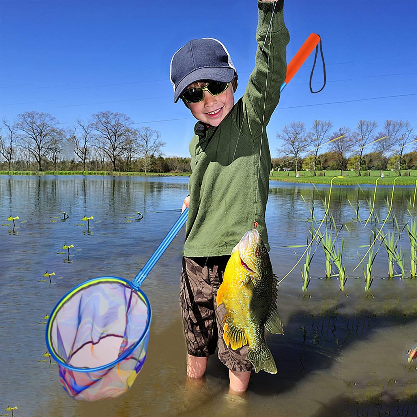 Kids Fishing Net, Telescopic Lightweight Landing Net with Aluminum Pole Handle and Nylon Mesh, Catch and Release Butterfly Net for Kids Youth Outdoor