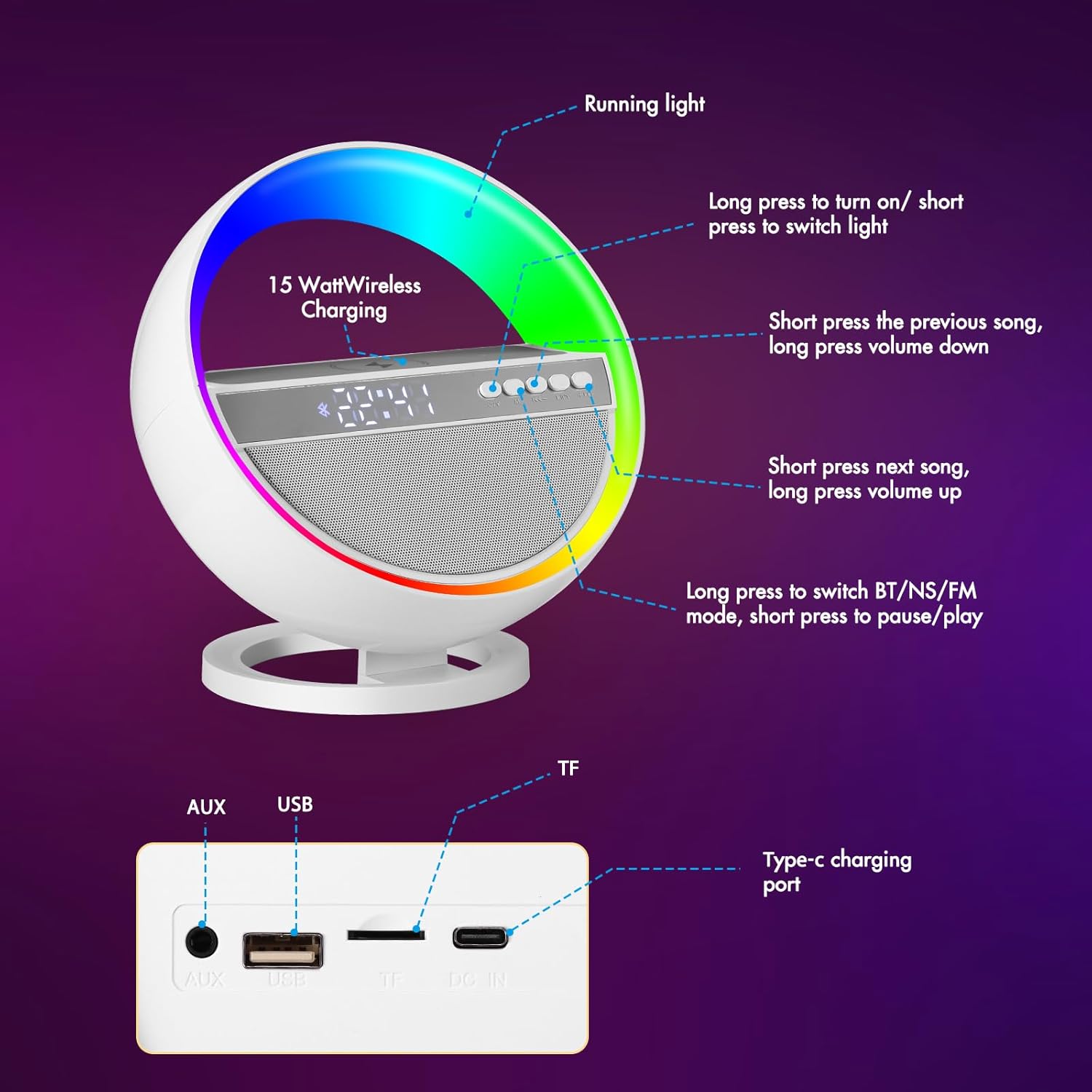 Table Lamp with Wireless Charger, Hi-Res Bluetooth Speakers and Alarm Clock, Atmosphere Lamp with 15W Qi Wireless Charger, Bedside Lamp Mood Lighting Gifts for Bedroom Home Decor